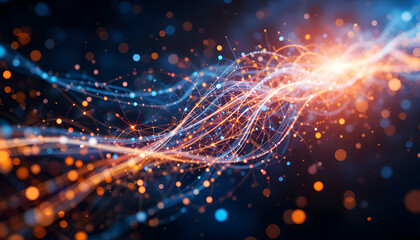 Obraz premium abstract digital artwork depicting the essence of data and information through a mesmerizing display of glowing light trails forming a dynamic flow against a dark blue backdrop