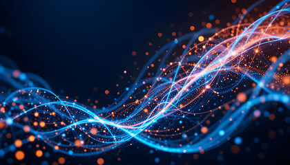 A visually stunning stock photo featuring a dynamic, abstract representation of data flow through a network of glowing particles 