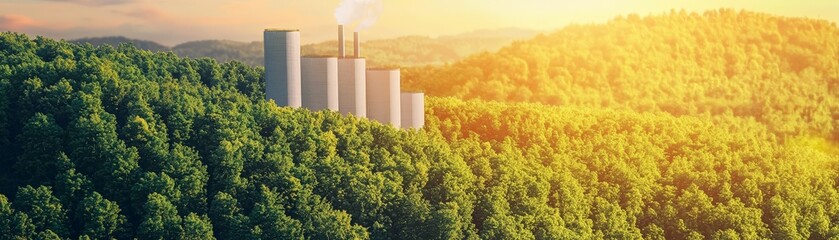 Obraz premium The Intersection of Futuristic Economy and Cutting-Edge Technology, Industrial structures amidst lush green hills at sunset.