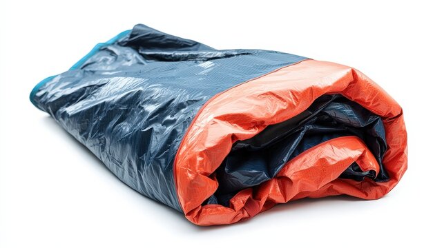 Neatly folded lightweight emergency bivvy sack on pure white background for outdoor survival situations and safety