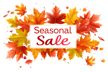 Seasonal Sale with Falling Leaves Effect Text Isolated on Transparent Background