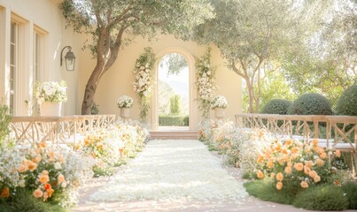 Serene outdoor wedding elegant floral setup for a joyful celebration