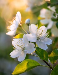 Obraz premium Spring Blossoms in Sunlight with Fresh Green Leaves and a Soft Natural Background