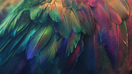 Fototapeta premium Soft and silky parrot wing feathers in macro, highlighting texture and rich color variation