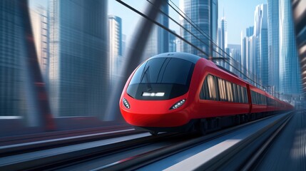 Fototapeta premium A high-speed red train cutting through a modern cityscape, motion blur adding a sense of urgency