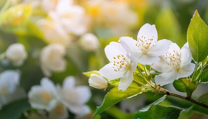 Fototapeta premium Spring Blossoms in Sunlight with Fresh Green Leaves and a Soft Natural Background