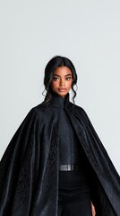 Fototapeta premium Mysterious black female magician wearing a cape poses with a captivating look against a white background