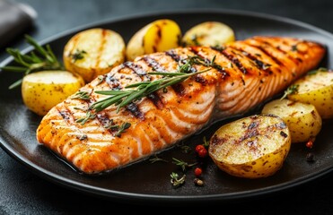 Baked salmon steak with apple, rosemary, and potato on dark background