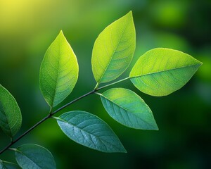Naklejka premium Within the serene embrace of verdant foliage, a tender branch extends, adorned with leaves glistening like emerald jewels under a gentle, golden cascade of sunlight Each leaf, a miniature masterpiece