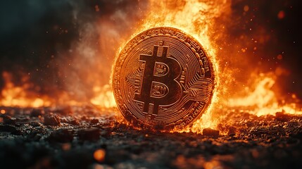 Burning in a fiery explosion, the golden bitcoin digital currency suggests financial crisis or investment risk with dramatic smoke and dark clouds.