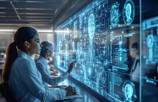 High-tech office with AI assistants, holograms, and digital data projections