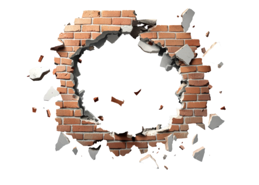 Massive hole in a brick wall with debris and small pieces of rubble falling, clean white background