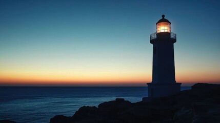 A lighthouse silhouette at twilight.