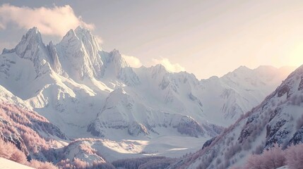 Obraz premium Capture the serene and majestic beauty of a snow-capped mountain landscape, with towering peaks glistening under a soft winter sun.