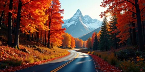 Autumnal Road Winding Through a Forest of Vibrant Red and Gold Trees Towards a Majestic Snow-Capped Mountain Peak Under a Clear Sky