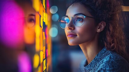 Business colleagues use sticky notes during brainstorming, sharing ideas in a modern office.