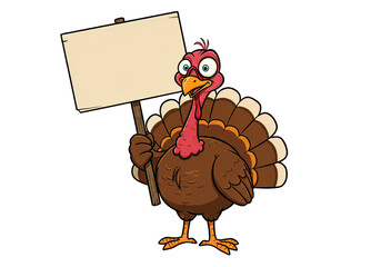 Funny cartoon turkey character holding a blank sign to celebrate the thanksgiving holiday Season; use for cards and illustrations.