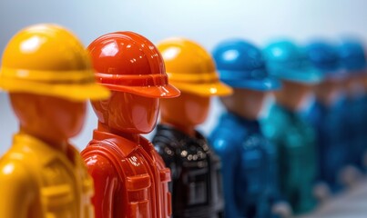 Fototapeta premium Construction workers in colorful helmets a close-up on teamwork