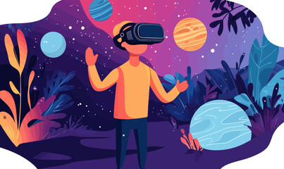 Obraz premium Exploring Outer Space with Virtual Reality Headset in Flat Minimalist Vector Style