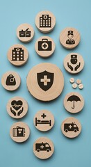 A set of wooden blocks displaying health-related icons, medical care, Health insurance and medical care concept, health insurance, and medication. healthcare services, protection, insurance coverage,