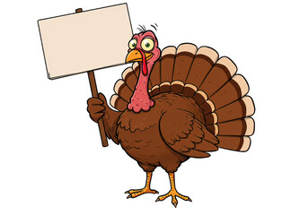 Whimsical cartoon turkey with a blank sign is ready to deliver your Thanksgiving message Use for cards, invitations, or festive graphics.