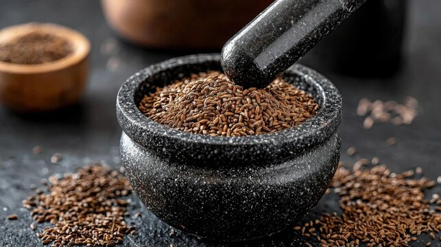 Black mortar and pestle filled with cumin seeds. the mortar is made of stone and has a handle on one side. the pestle is resting on top of the mortar, and the seeds are scattered around it.