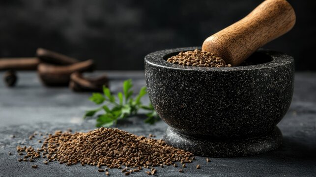 Black mortar and pestle on a dark grey textured surface. the mortar is made of stone and has a wooden handle on one side. inside the mortar, there are small pieces of cumin seeds scattered around.