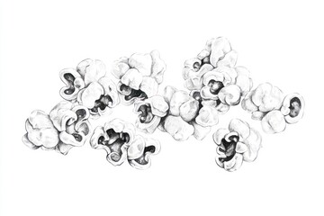 Obraz premium Pencil sketch popcorn scattered white background, food illustration