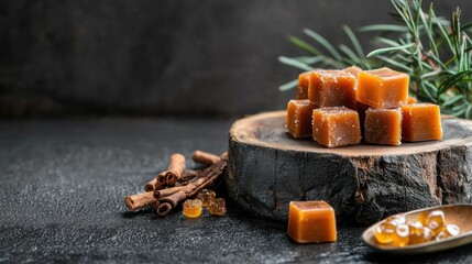 Group of small cubes of caramel on a wooden slice. the cubes are arranged in a pyramid-like shape and are covered in a thick layer of caramel.