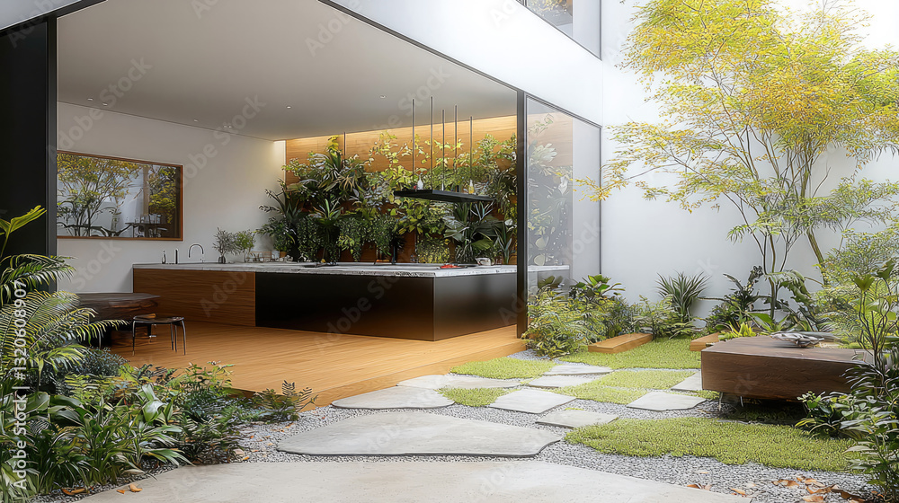 Aufkleber Modern kitchen with lush greenery and open layout, creating serene atmosphere. blend of nature and design enhances space beauty