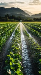 Large sprinkler system operates in the background, ensuring even water coverage across a vast field of crops. Sunlight casts a warm glow, enhancing the lush greenery under the evening sky