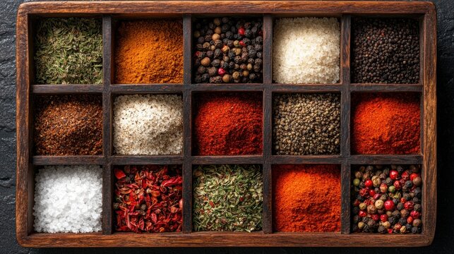 Wooden tray filled with a variety of spices. the tray is rectangular in shape and has a dark brown finish.