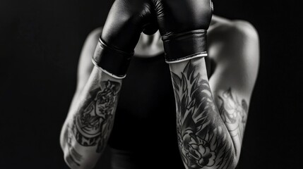 A tattooed female boxer preparing.