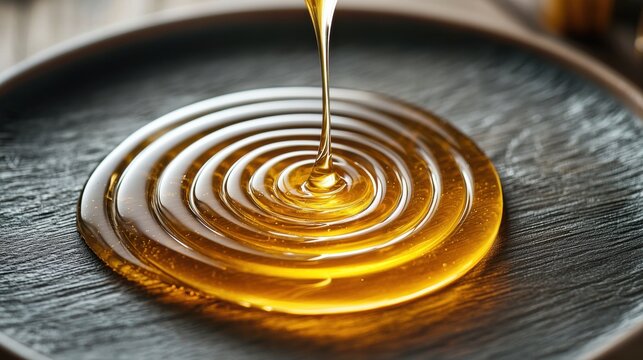Close-up of a drizzle of honey being poured into a black plate. the honey is in the shape of a spiral, with the top half of the drizzle being the largest and the bottom half being the smallest.