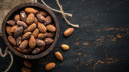Wooden bowl filled with almonds on a black textured background. the bowl is made of dark wood and has a rustic, weathered appearance.