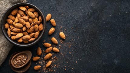 Black bowl filled with almonds on a dark textured background. the bowl is placed on a burlap cloth on the left side of the image, and there is a small wooden spoon on the right side.
