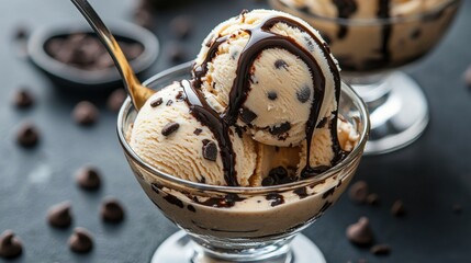 Fototapeta premium Two glasses of ice cream with chocolate chips on top. the ice cream is a light brown color and appears to be freshly made.