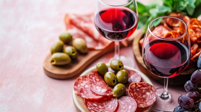 Two elegant glasses of rich red wine are paired with a delightful charcuterie spread, featuring salami, olives, and a variety of cheeses