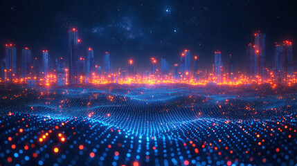 Abstract data-driven urban planning concept with smart city infrastructure, AI-enhanced predictive analytics, and cyber-powered environmental monitoring