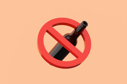 Dark glass beer bottle crossed by red prohibition sign on peach background - Powered by Adobe