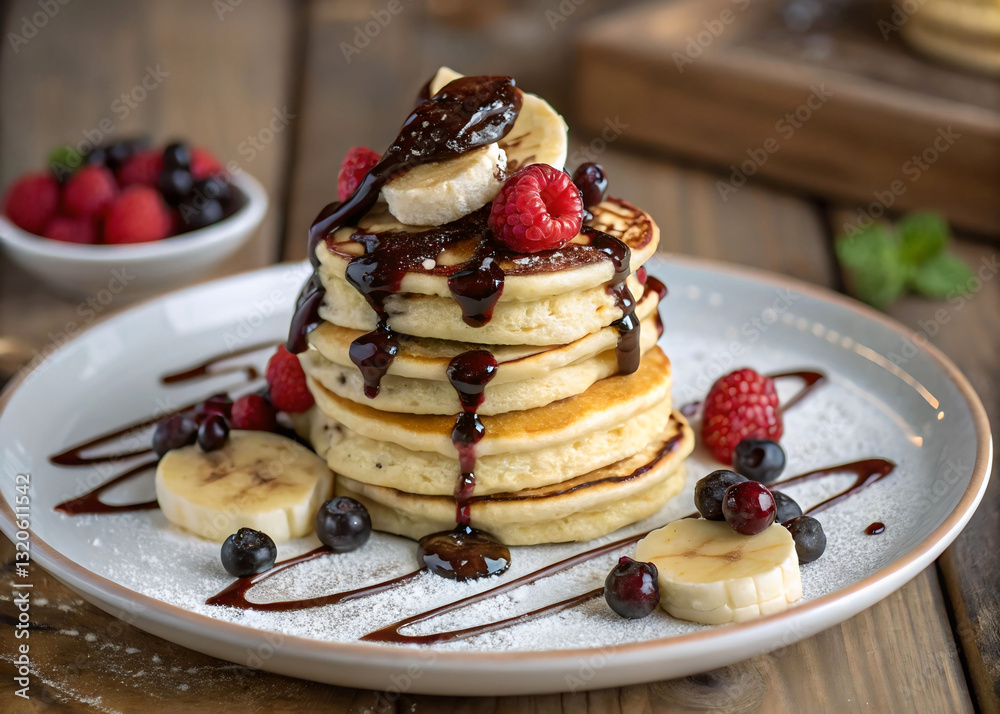 Poster a delectable stack of fluffy pancakes drizzled with chocolate sauce and topped with sliced bananas a