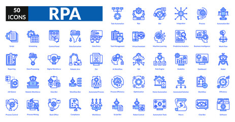RPA (Robotic Process Automation) blue icon collection set. Includes automation, robot, workflow, technology, process, efficiency, system, artificial intelligence, integration, machine, data, task