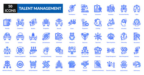 Talent management blue icon collection set. Includes recruitment, training, performance, skills, development, retention, leadership, talent, management