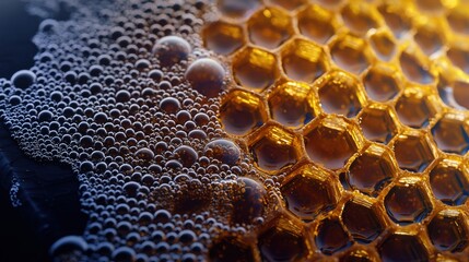 Close-up of a honeycomb. the honeycomb is made up of hexagonal cells, each filled with a golden-brown liquid. the cells are arranged in a uniform pattern, with some overlapping each other.