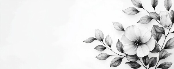 Ink illustration abstract background idea. Elegant monochrome illustration of a flower and leaves on a white background.