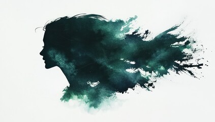 Obraz premium Woman Silhouette Watercolor Abstract Dark Green Hair Flowing
