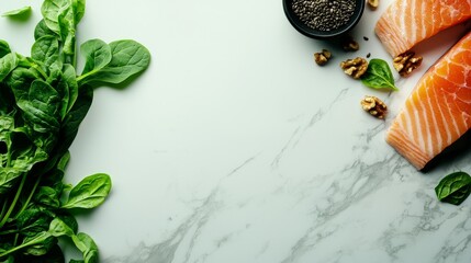 Clean and minimalist top-down view of omega-3 power foods: salmon, walnuts, hemp seeds, and baby spinach, arranged on a smooth white marble surface