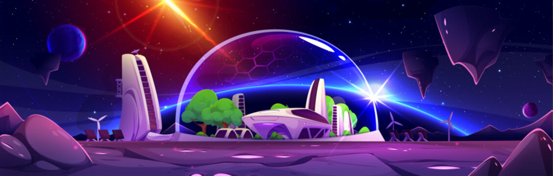 Mars space station inside protective dome - futuristic buildings, green trees, transport vehicle on purple terrain and cosmic sky with bright sun flare. Domed colony on extraterrestrial landscape.