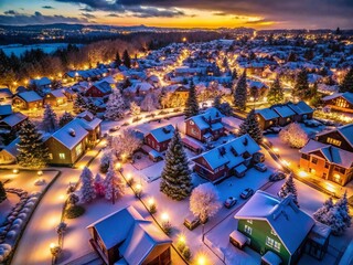 Aerial View Christmas Lights Suburban Homes Winter Night