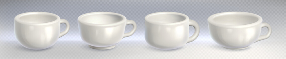 White coffee cup mockups set isolated on transparent background. Vector realistic illustration of empty ceramic mug with handle, cafe or restaurant container for hot beverages, porcelain dishware